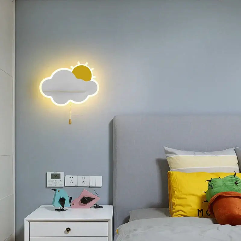 Modern yellow and white sun shaped decorbites cloud wall lamps with wooden pull chain for childrens bedroom wall lamps