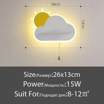Modern cloud wall lamps with warm yellow and white led illumination and wooden pull chain for childrens bedroom decorbites wall lamps