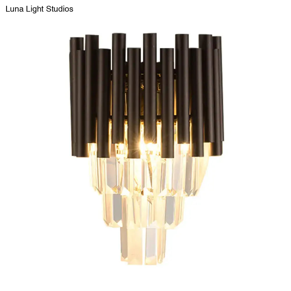 Modern black metal and crystal coffee crystal wall sconce with tiered cylindrical rods for living room lighting