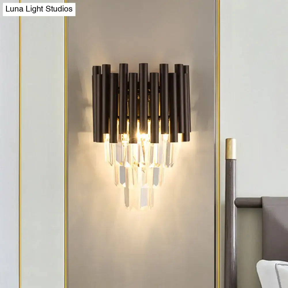 Modern black metal double sconce with cascading crystal accents for a coffee crystal wall light living room decor