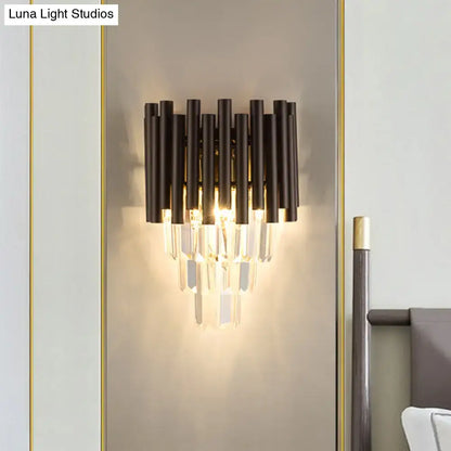 Modern black metal double sconce with cascading crystal accents for a coffee crystal wall light living room decor
