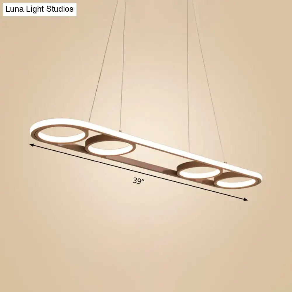 Modern coffee led ceiling pendant light metal island lighting with sleek rectangular frame and four circular led rings in white