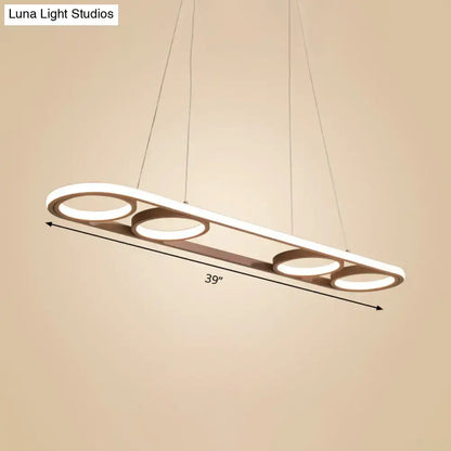 Modern coffee led ceiling pendant light metal island lighting with sleek rectangular frame and four circular led rings in white