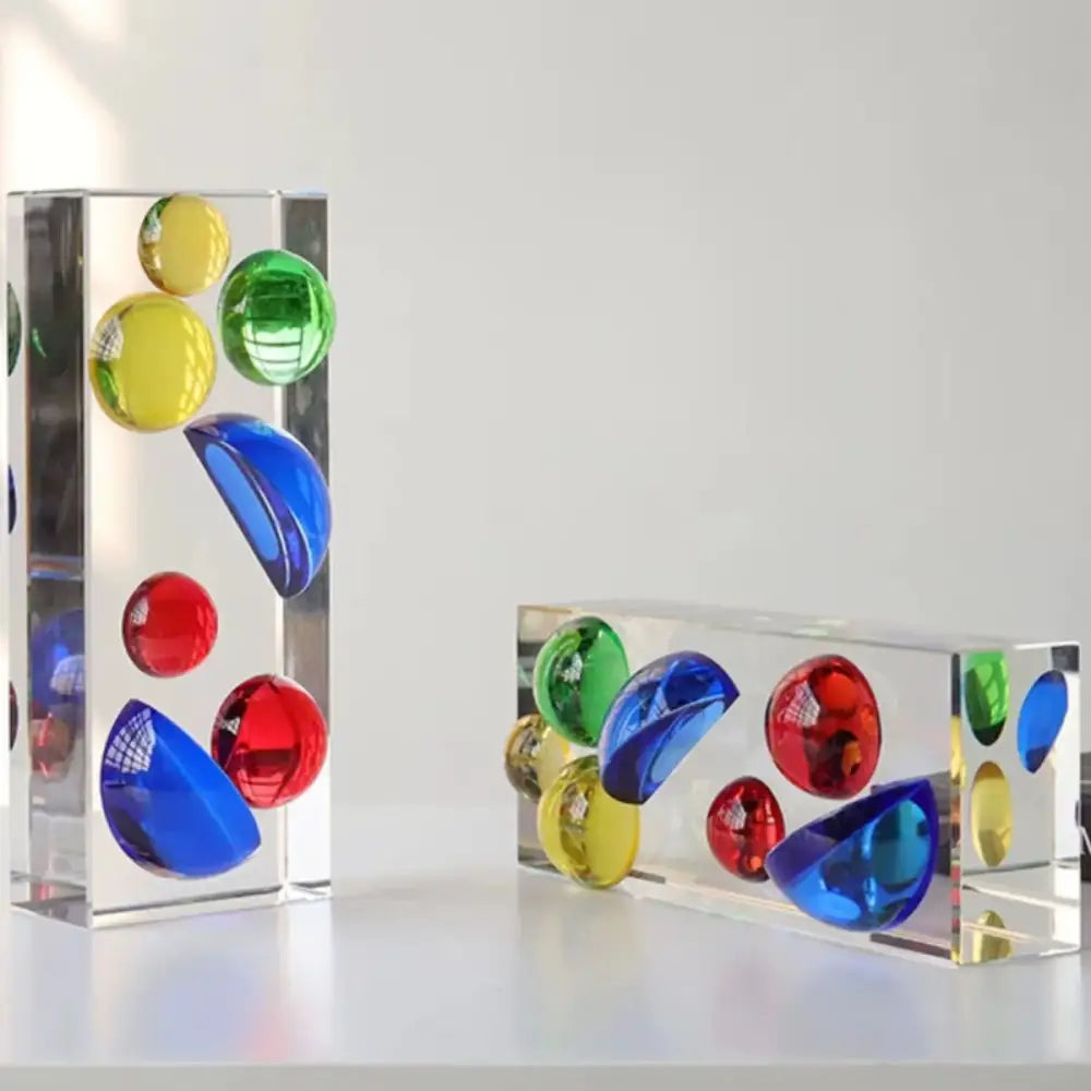 Modern colorful crystal sphere acrylic block living room ornament featuring vibrant red, blue, green, and yellow spheres