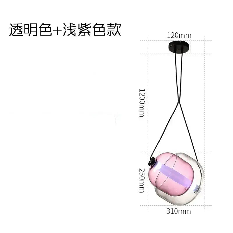Modern colorful Czech glass capsule pendant light with transparent globe and lavender stripe for dining room illumination