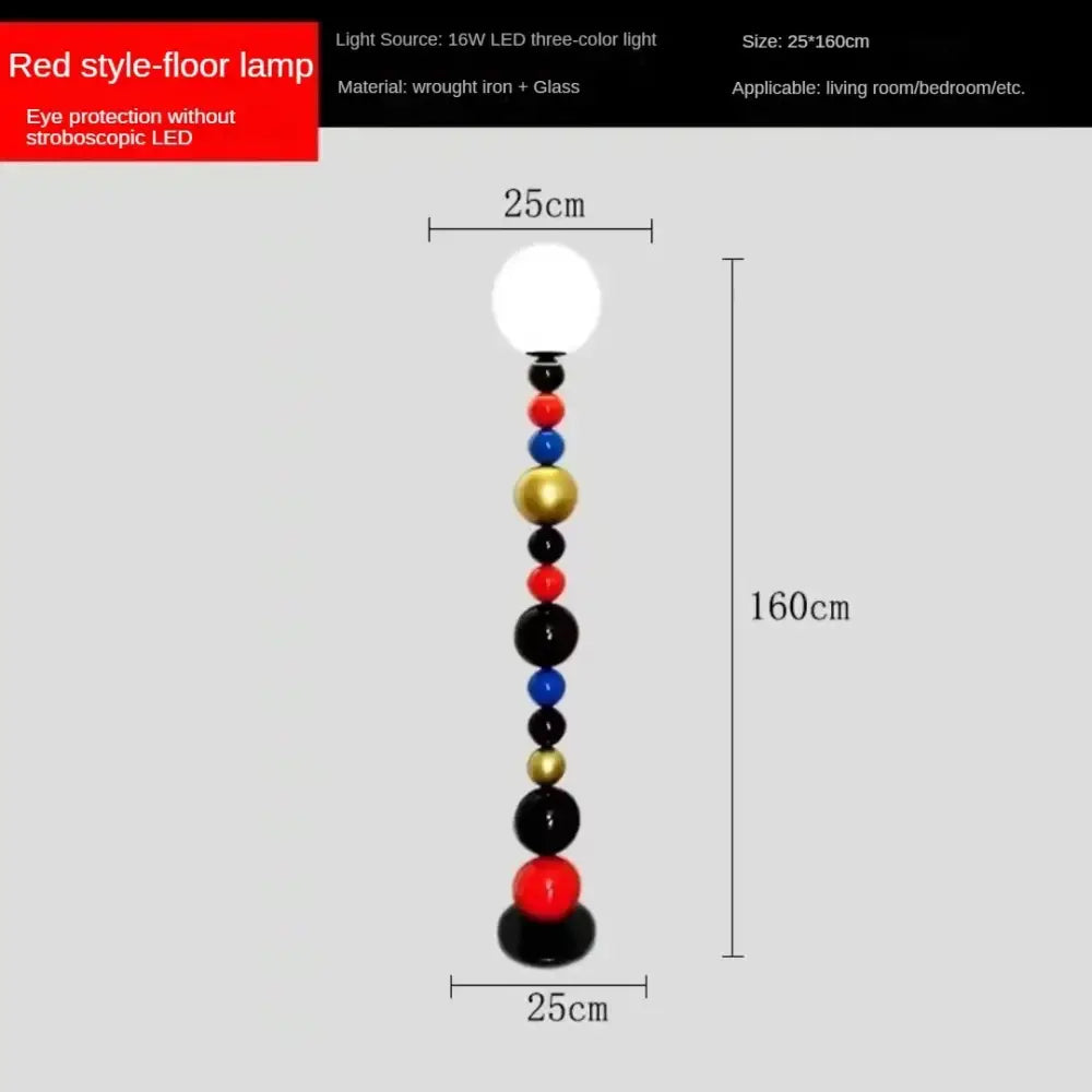 A tall red floor lamp with colorful glass ball stem and white spherical light head for living room use