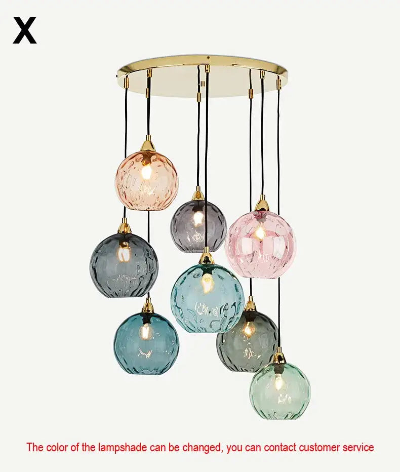 A modern pendant lights featuring seven pastel pink blue and gray textured glass ball lustre shades by decorbites
