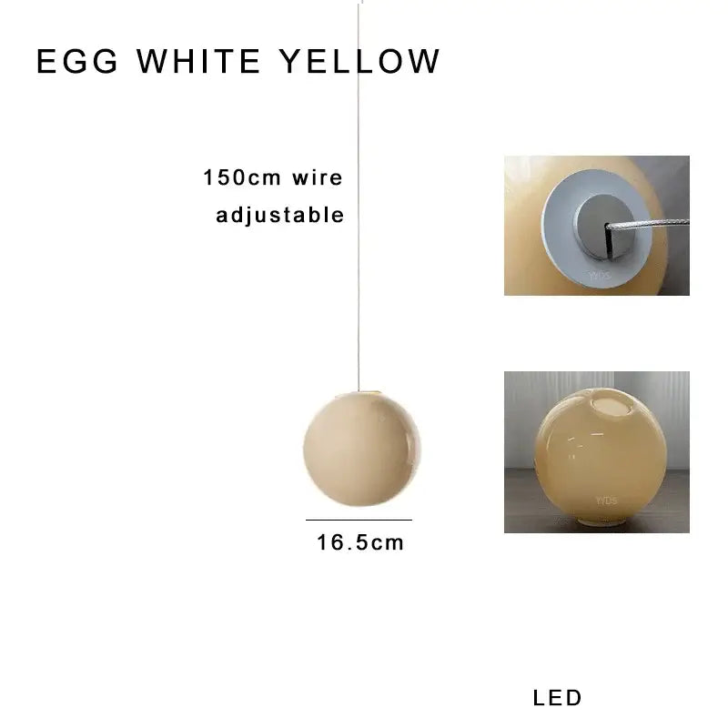 Modern colorful glass ball pendant light with sleek egg white yellow glass shade and adjustable 150cm wire decorbites pendant light