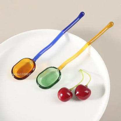 Modern colorful decorbites glass dessert spoon set with blue amber and yellow green oval bowls for kitchenware