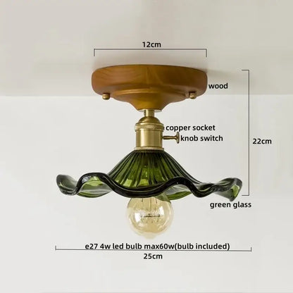Modern colorful glass led ceiling lamp with a wooden base brass socket and green wavy shade by decorbites colorful glass