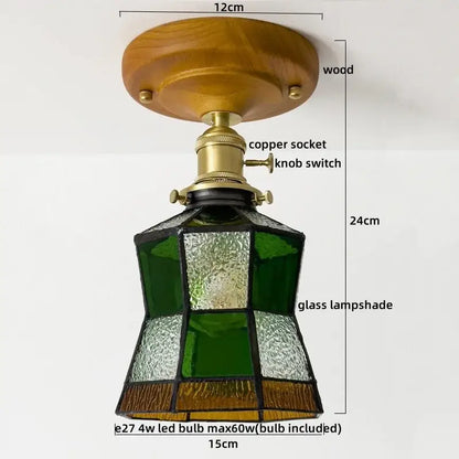 A vintage-style ceiling lamp with wooden base brass knob and decorbites colorful glass led multi-panel stained glass shade