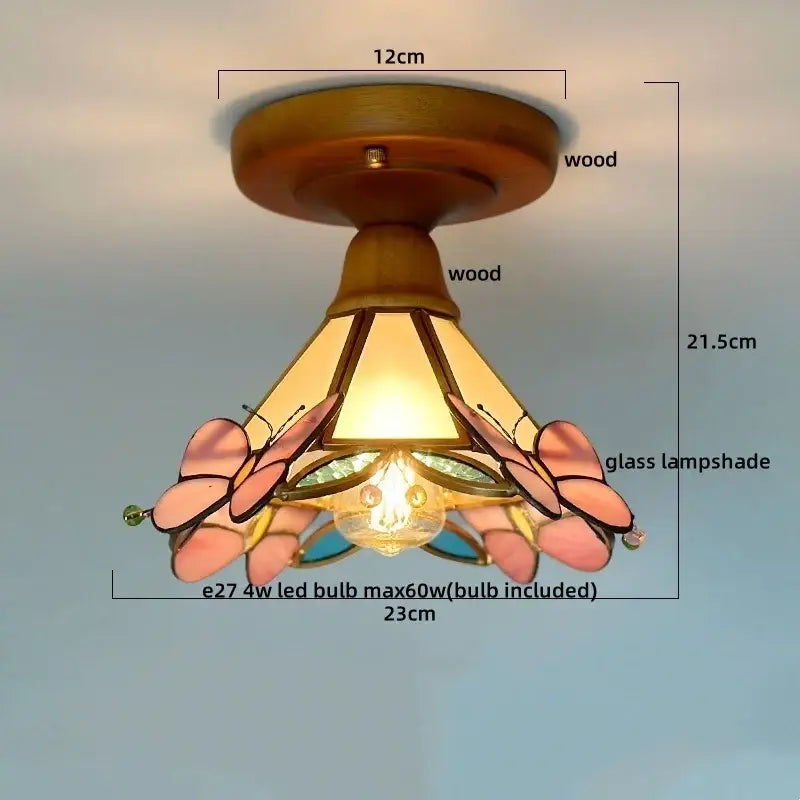 Modern colorful glass led ceiling lamp with wooden base and pink butterfly motifs for living room decorbites colorful glass style