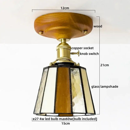 Modern colorful glass led ceiling lamp with amber stained glass shade, wooden base, and brass copper socket by decorbites