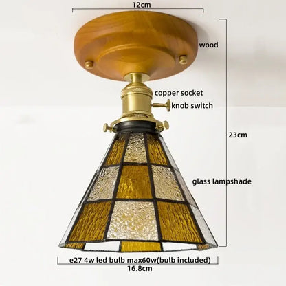 A vintage-style ceiling lamp with amber and frosted colorful glass led shade and wooden base for decorbites colorful glass lighting