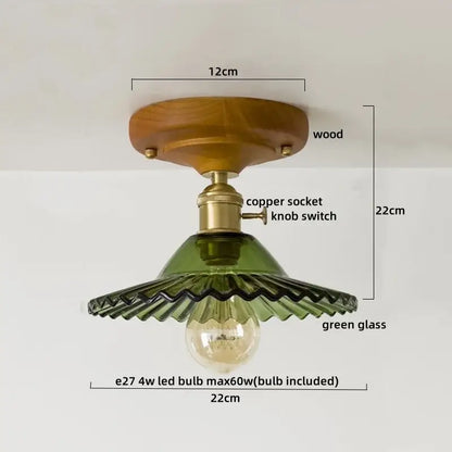 Modern colorful glass led ceiling lamp with warm wood base brass copper socket and green scalloped glass shade decorbites colorful glass