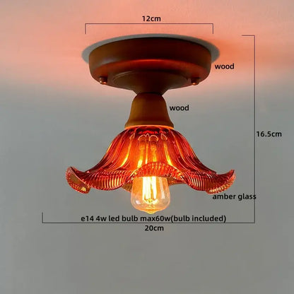 A warm amber glass flower-shaped ceiling lamp with wooden base and e14 led bulb for decorbites colorful glass led lighting