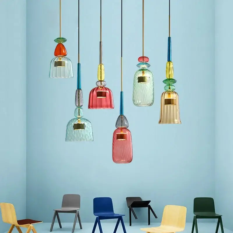 Modern colorful glass led pendant chandeliers with textured and smooth surfaces in red green blue yellow and amber