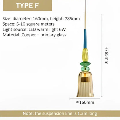 A modern bell-shaped copper and colorful glass led pendant light with warm lighting for kitchen and dining room