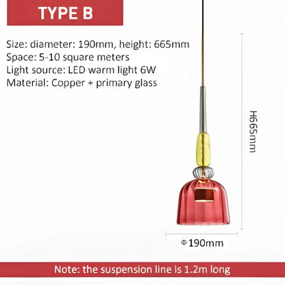 Red glass pendant light with copper and colorful glass components for modern led pendant chandeliers in kitchen dining room