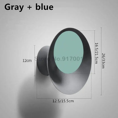 Gray and blue modern led wall lamp with circular frosted glass panel designed for bedroom and living room use