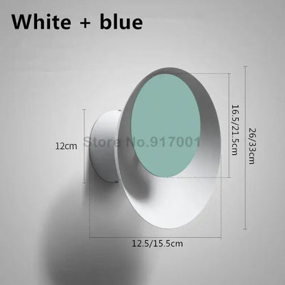 White and blue modern colorful rotatable led wall lamp with a sleek circular design for bedroom and living room use