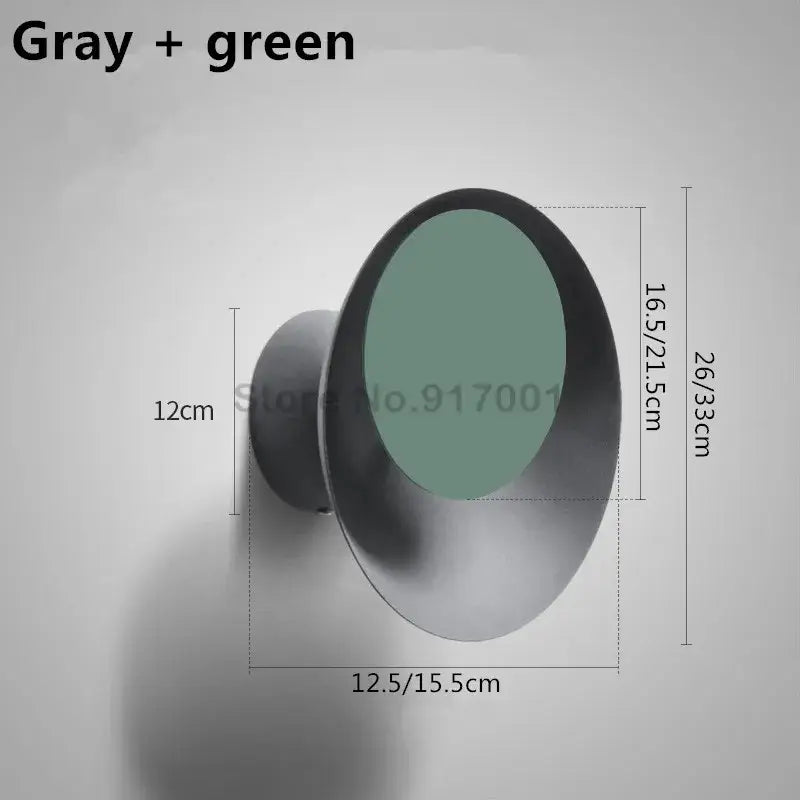 Modern gray and green led wall lamp with circular frosted glass shade for bedroom and living room use