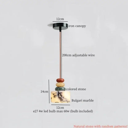 Modern pendant lamp with black iron canopy, adjustable copper wire, colorful stone led, and Bulgari marble base decorbites colorful stone