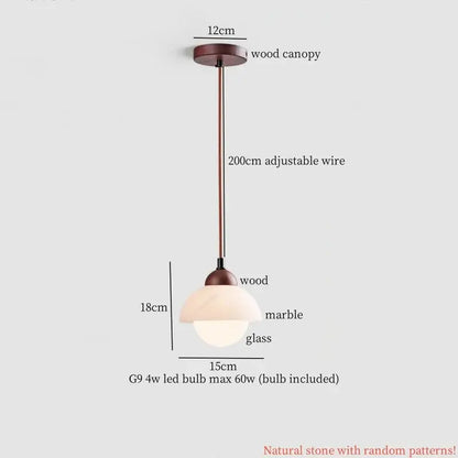 Modern colorful stone led pendant lamp with bronze wood canopy and marble glass shade for dining room decorbites decor