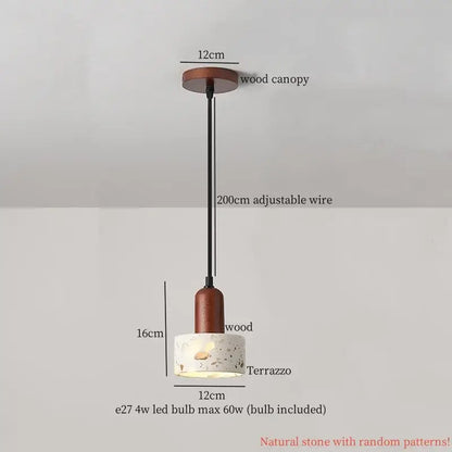 Modern colorful stone led pendant lamp with a warm wooden canopy and terrazzo shade for dining room decorbites colorful stone