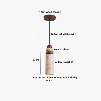 Modern colorful stone led pendant light with yellow travertine cylinder and stacked stones by decorbites for dining room decor