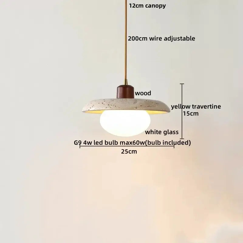 Modern colorful stone led pendant light with yellow travertine disc and wood accents by Decorbites for dining room decor