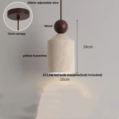 Modern pendant light with textured yellow travertine body and dark wood sphere from decorbites colorful stone led collection