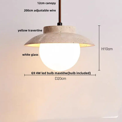 Modern colorful stone led pendant light with yellow travertine canopy and white glass globe for dining room decorbites colorful stone