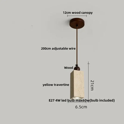 Minimalist pendant light with 12cm wood canopy, adjustable wire, and rectangular yellow travertine body by decorbites colorful stone led