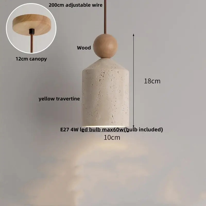 Modern pendant light with a yellow travertine cylinder and wooden sphere by decorbites colorful stone led collection