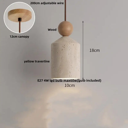 Modern pendant light with a yellow travertine cylinder and wooden sphere by decorbites colorful stone led collection