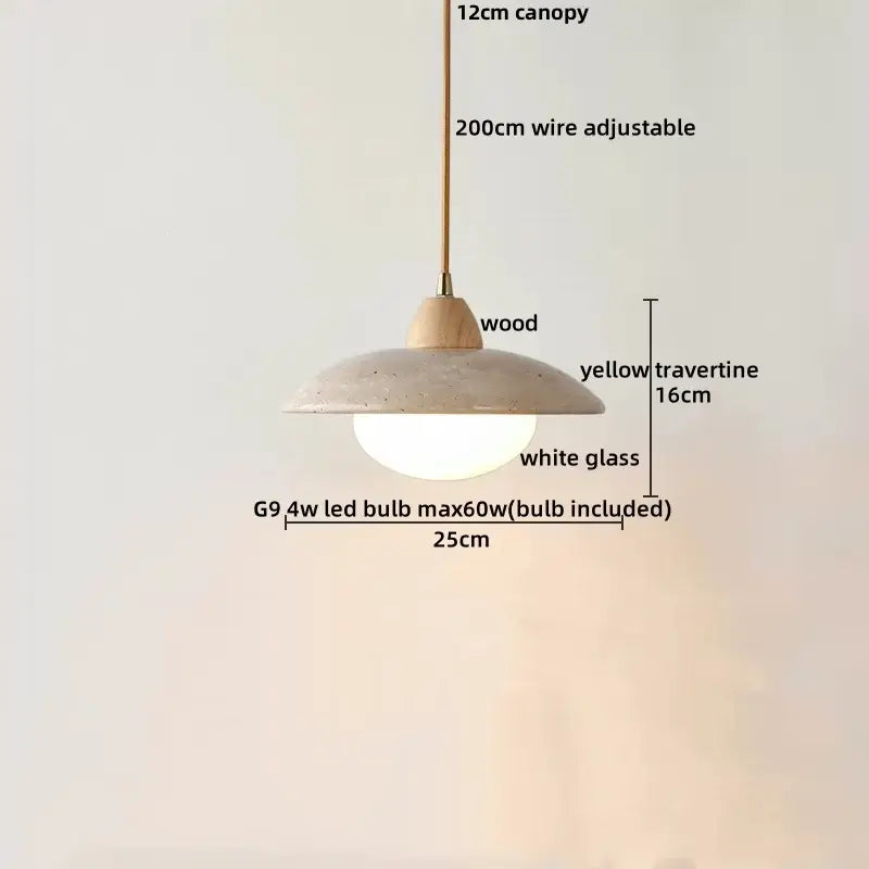 Modern pendant light with 12cm wooden canopy and 16cm yellow travertine shade featuring colorful stone led decorbites