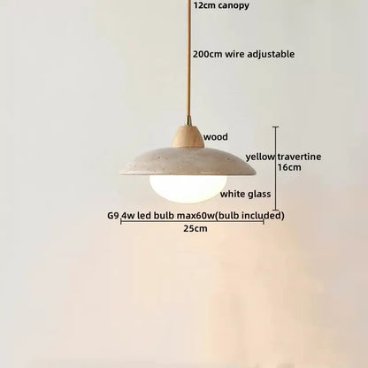 Modern pendant light with 12cm wooden canopy and 16cm yellow travertine shade featuring colorful stone led decorbites