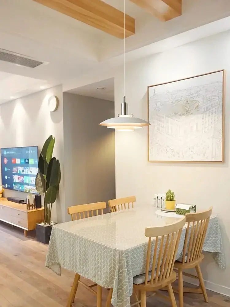 Modern colorful umbrella led pendant light with sleek metallic finish and wide flat shade for dining room decorbites decor