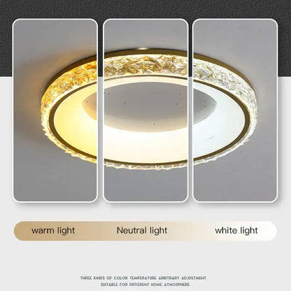 Modern concave round crystal ceiling light with gold metallic frame and faceted crystals offering multiple lighting options