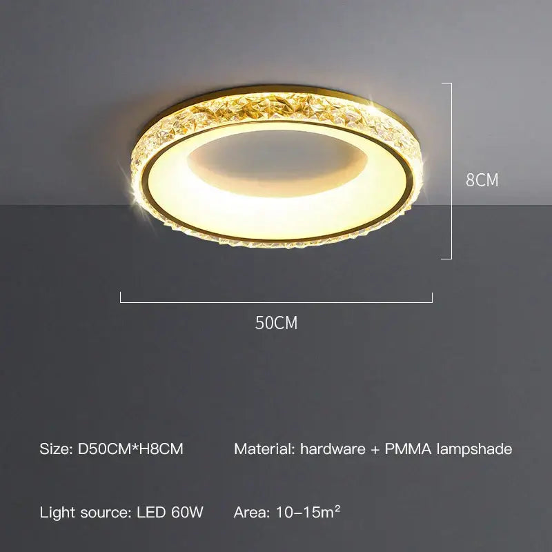 Modern concave round decorbites ceiling light with gold-toned crystal-encrusted ring and smooth pmma lampshade for living room