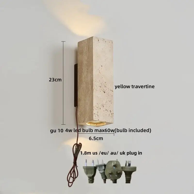 Modern concrete and wood led wall sconce in yellow travertine stone with gu10 led bulb for bedroom decorbites led wall sconce