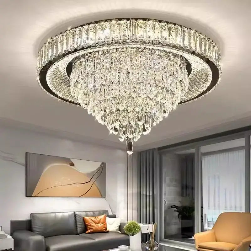 Modern cone crystal ceiling chandelier with clear faceted crystals and black metal frame for luxury living room decorbites cone crystal