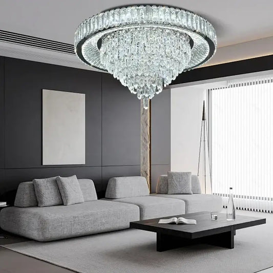 Modern cone crystal ceiling chandelier with circular frame and cascading clear crystals for luxury living room decorbites cone crystal