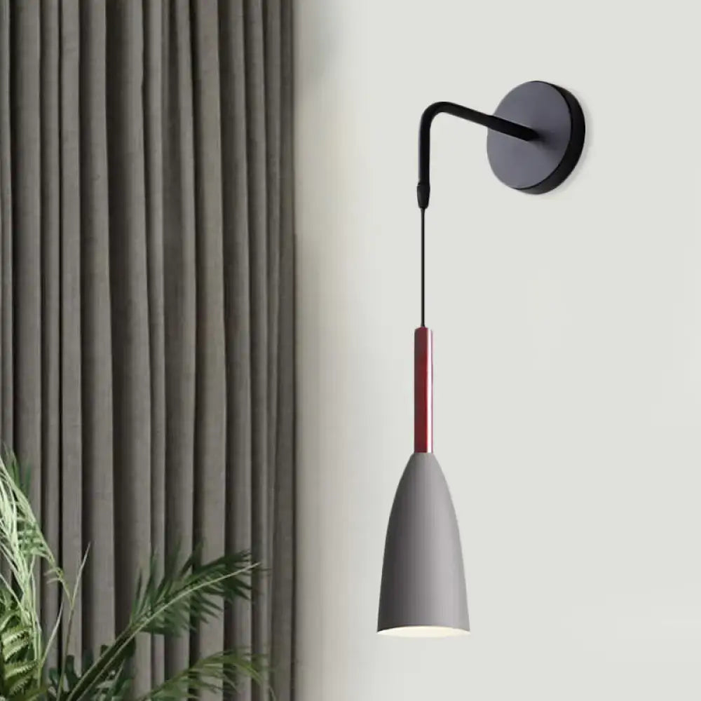 Modern conical black wall lamp with matte black arm red accent rod and gray shade 12 inch fixture for bedroom use