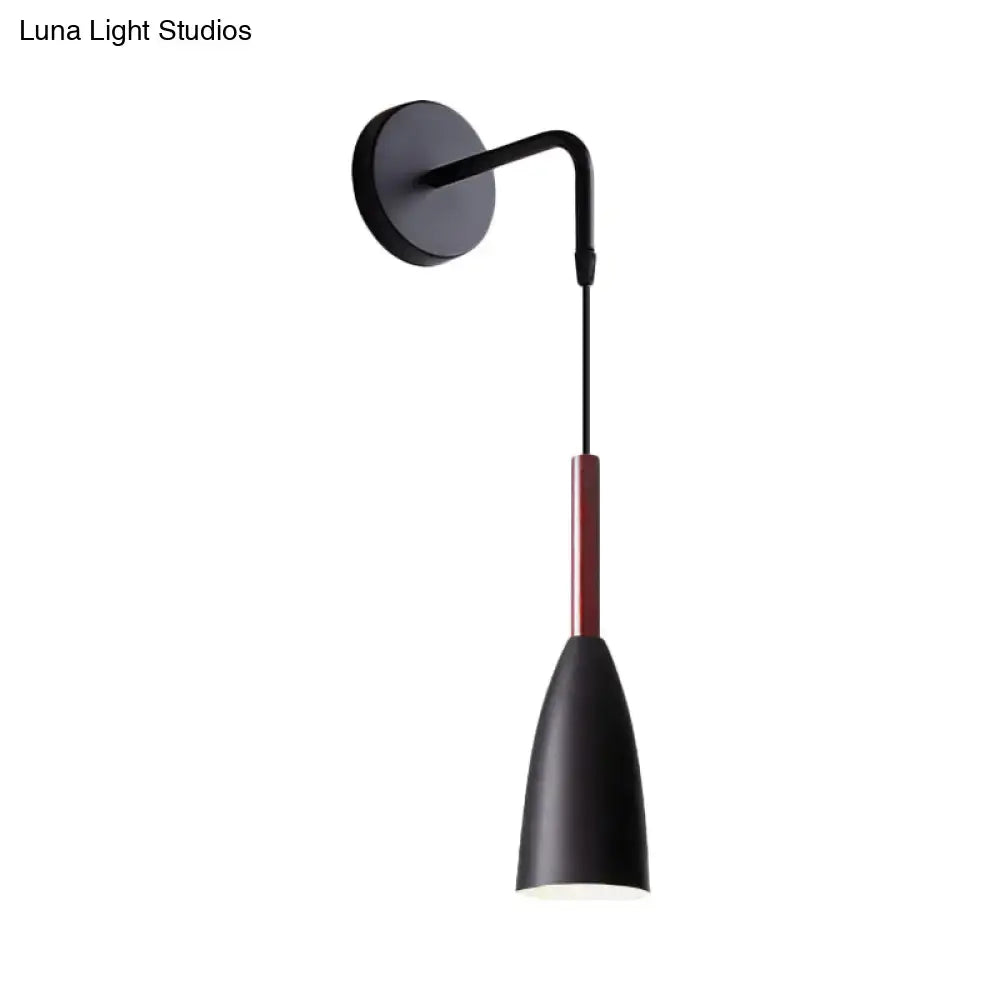 Modern conical black wall lamp with black matte finish and burgundy accent rod inch fixture for bedroom use