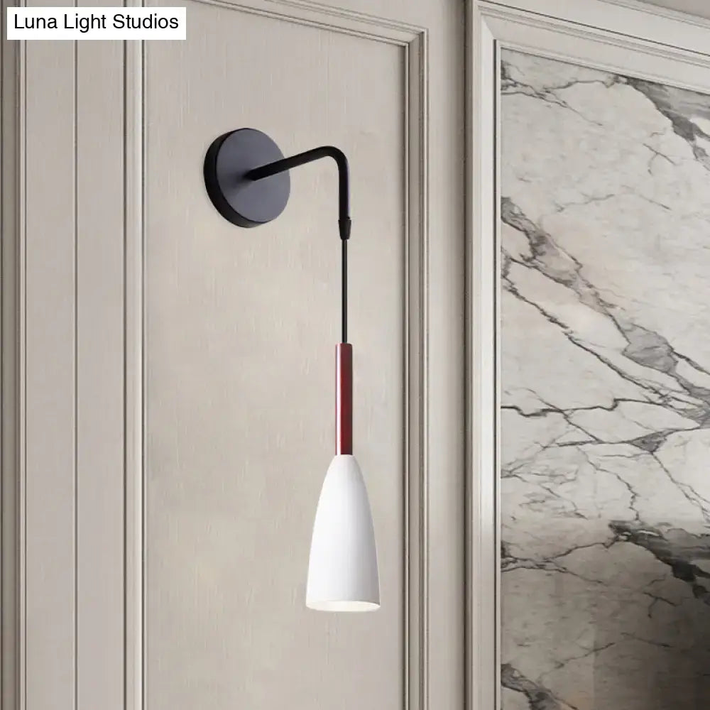 Modern black metal wall lamp with white conical shade and red accent rod inch fixture for bedroom lighting