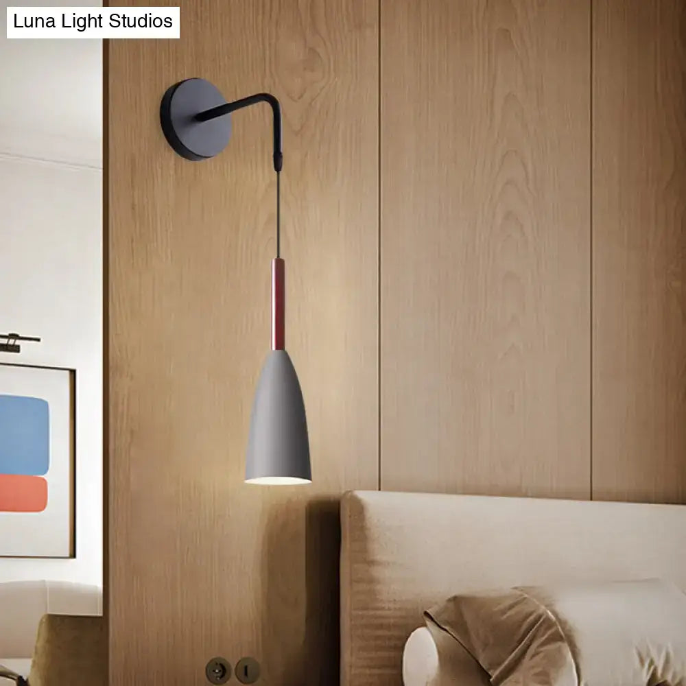 Modern conical black wall lamp with matte gray shade and red stripe 12 inch fixture for bedroom single bulb use