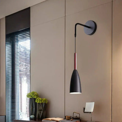 Modern conical black wall lamp with red accent rod matte finish 12 inch fixture ideal for bedroom single bulb lighting