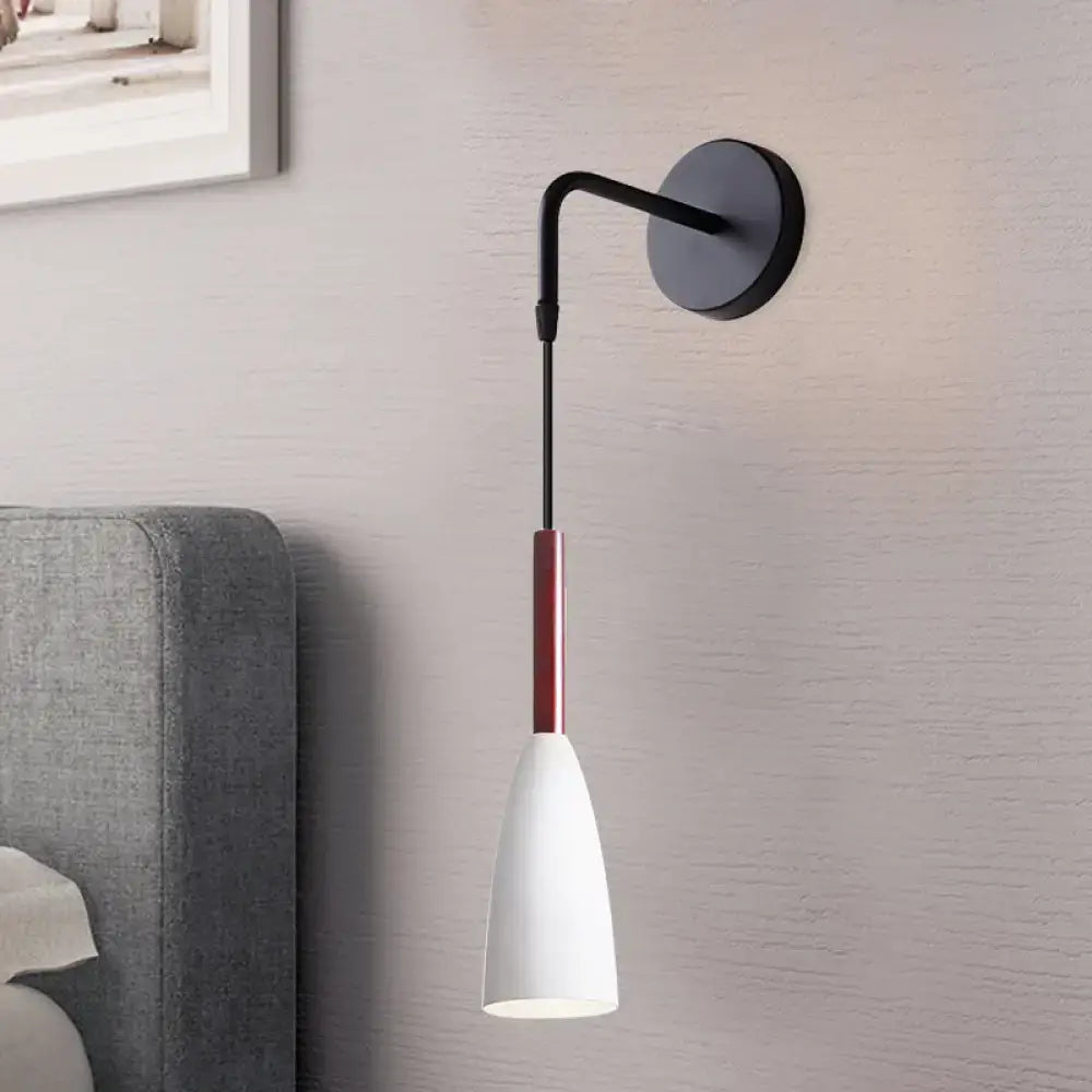 Modern conical black wall lamp with white shade and red accent rod 12 inch fixture for bedroom single bulb use